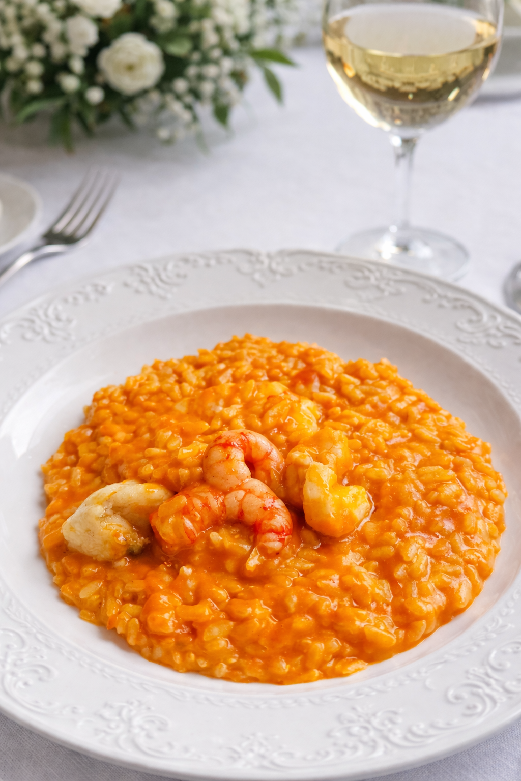 Arroz meloso de rape y gambas presentado en cazuela, con los trozos blancos de rape y gambas rosadas visibles sobre el arroz cremoso