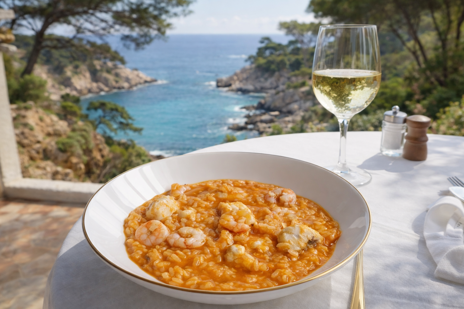 Paisaje de la Costa Brava al atardecer, con calas rocosas y barcas de pescadores en puertos naturales