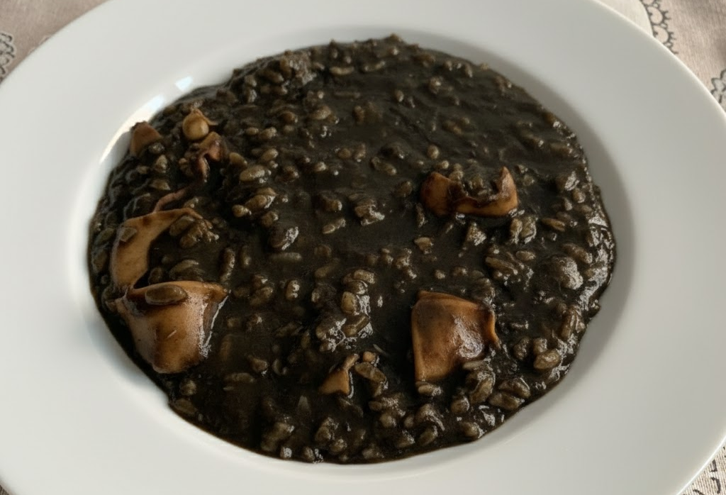 Arroz meloso de sepia negro intenso servido en cazuela, con anillas de sepia sobre el arroz cremoso