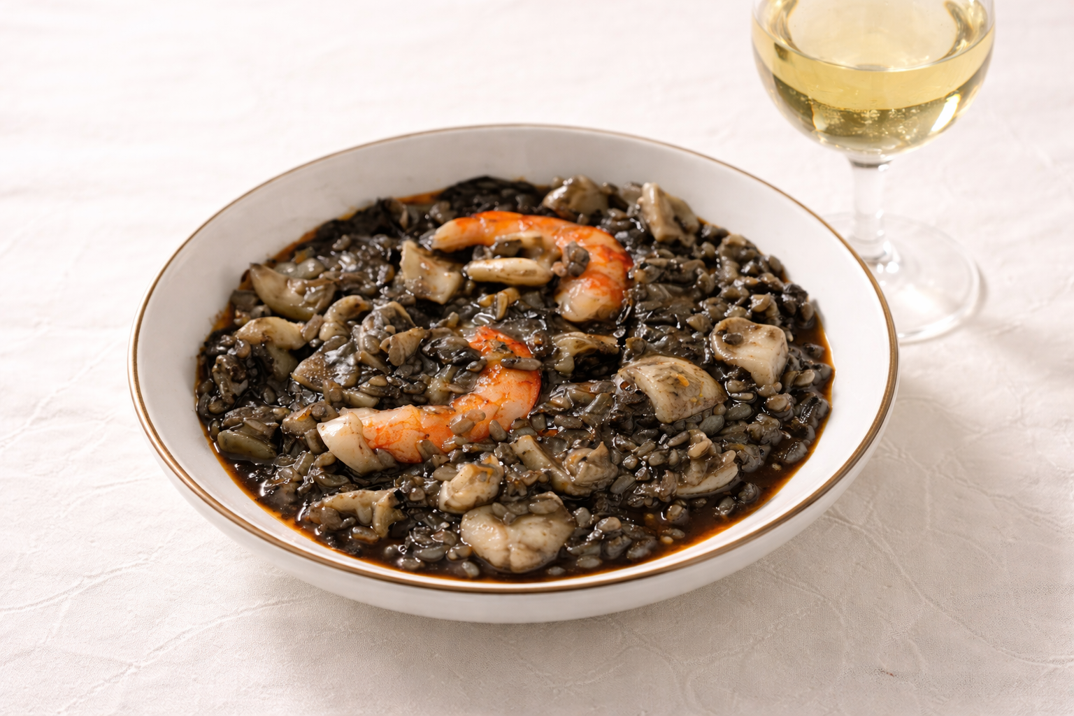 Arroz meloso de sepia negro intenso presentado en cazuela blanca para contraste, con anillas de sepia blancas visibles