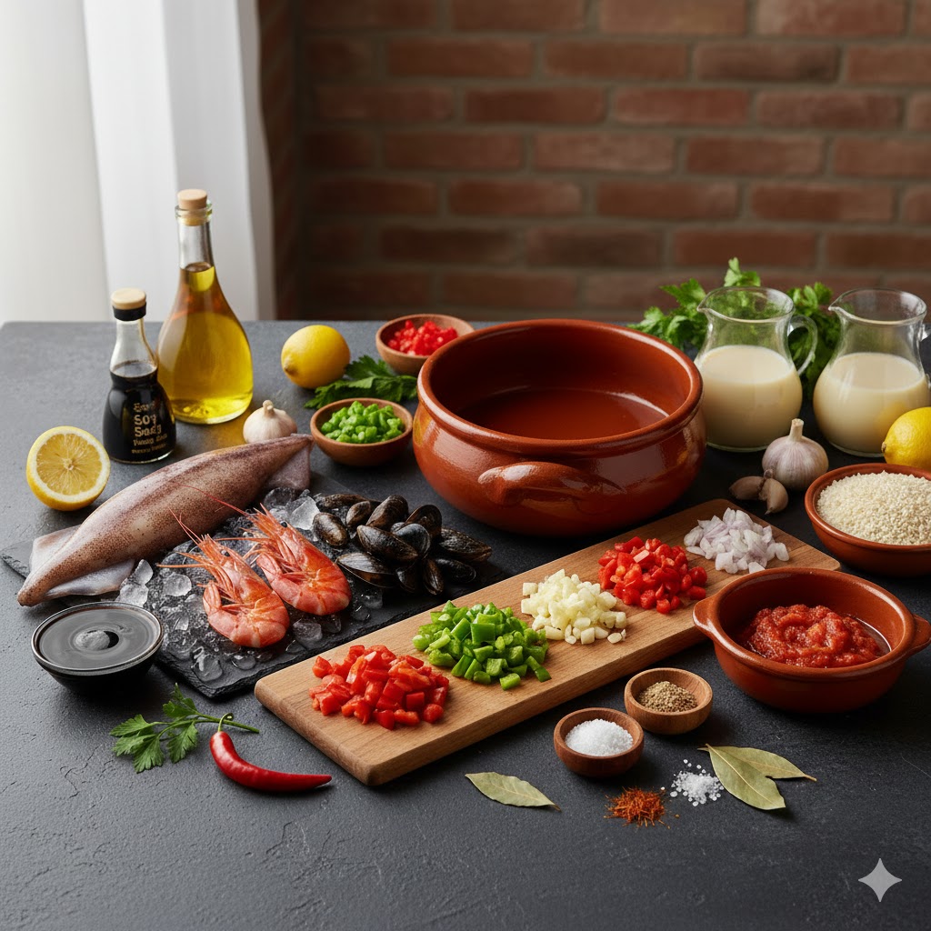 Ingredientes principales: sepia fresca con tinta, arroz bomba, verduras para sofrito y saquitos de tinta