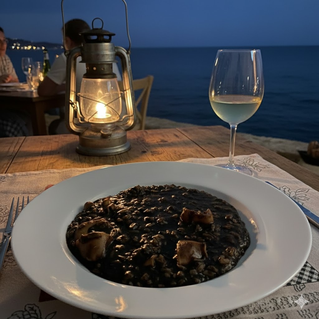 Paisaje nocturno del Mediterráneo, con luna llena reflejándose en el mar negro y barcas de pescadores silueteadas