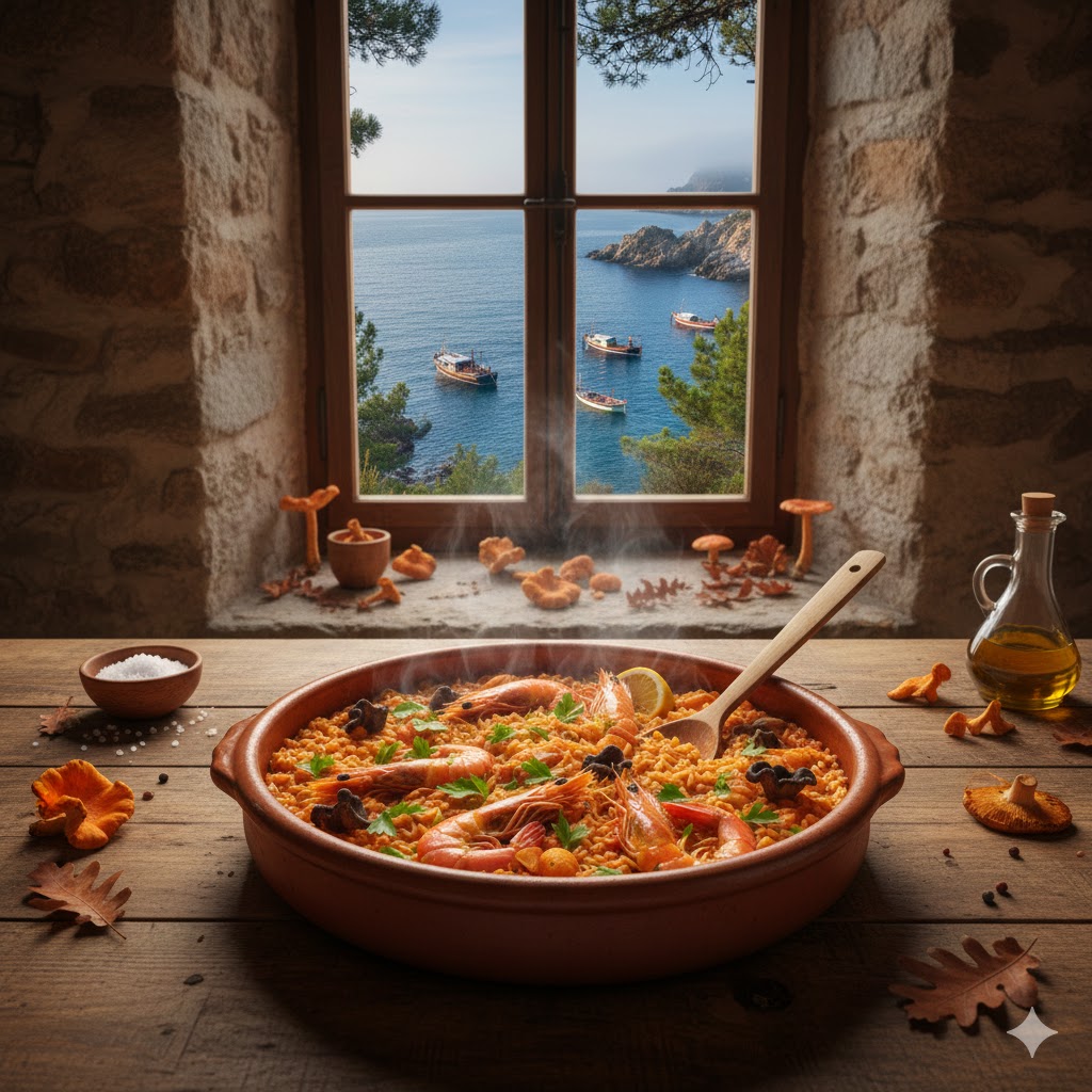 Paisaje otoñal de bosque mixto con setas y costa rocosa al fondo