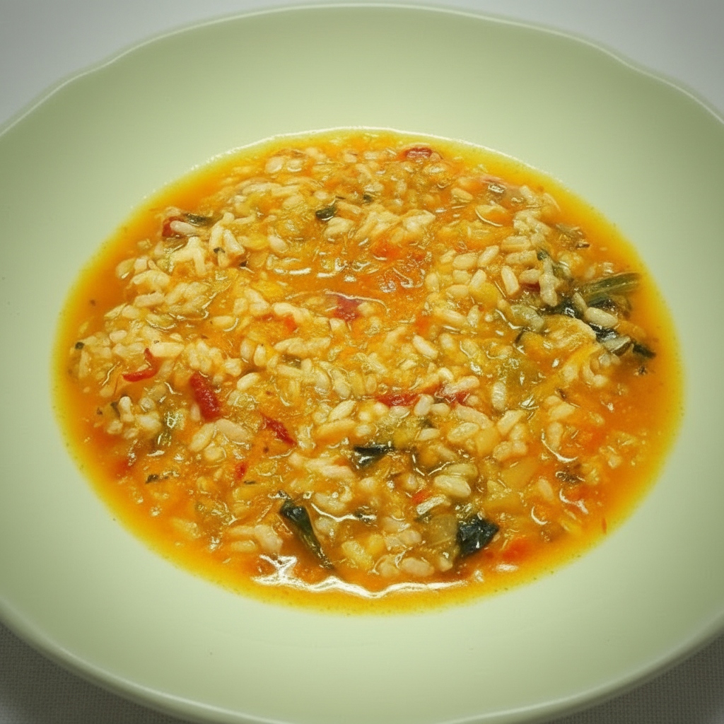 Arroz meloso de verduras servido en cazuela, con múltiples colores de hortalizas sobre el arroz cremoso