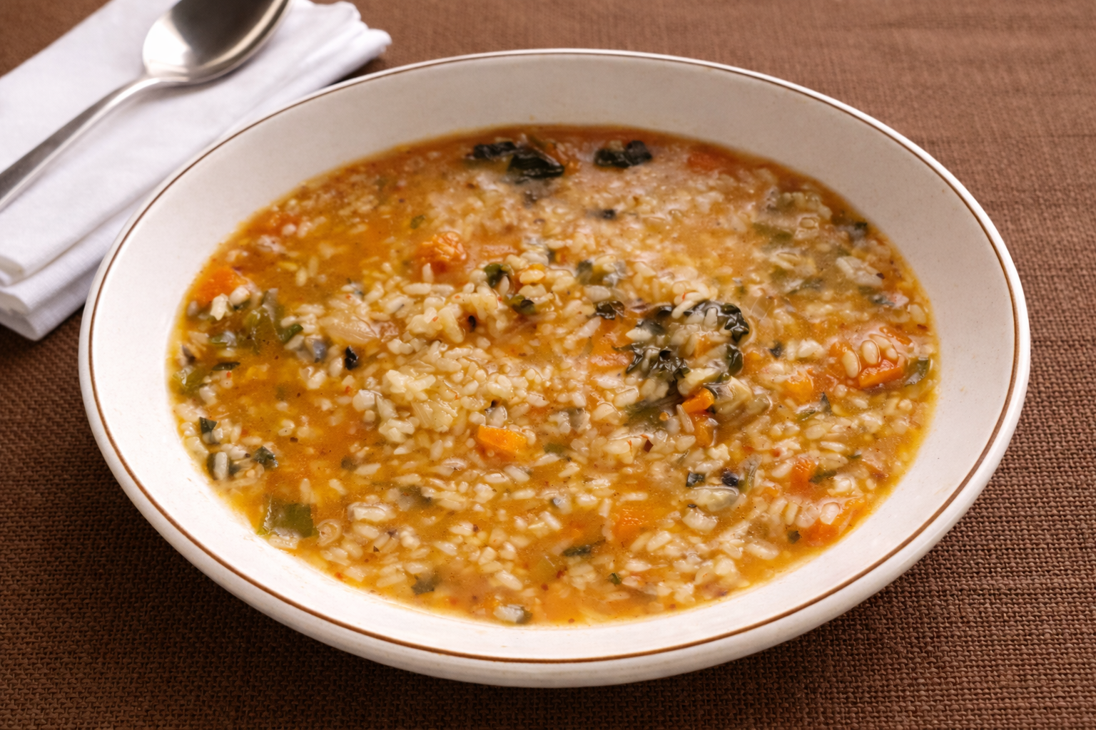 Arroz meloso de verduras presentado en cazuela, con múltiples colores de hortalizas visibles sobre el arroz cremoso