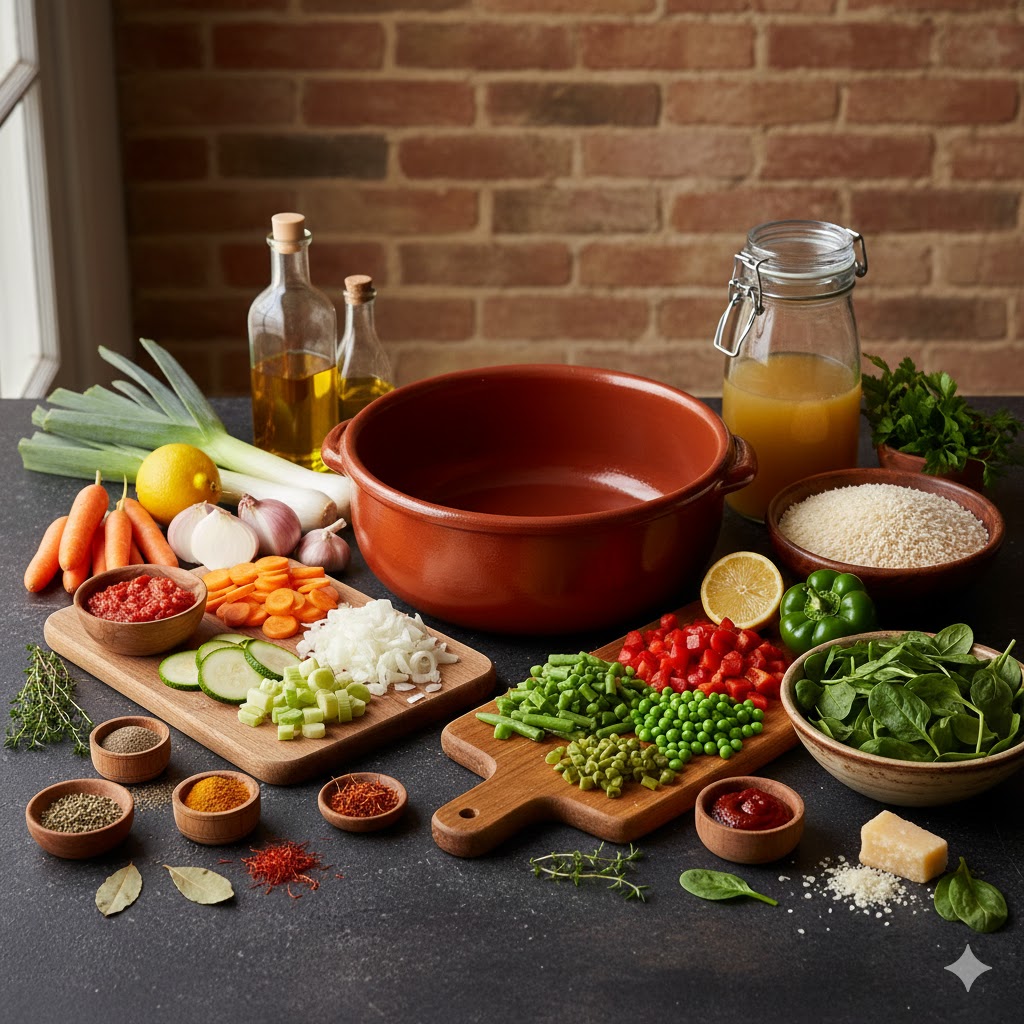 Ingredientes principales: variedad de verduras de colores, arroz bomba y hierbas aromáticas