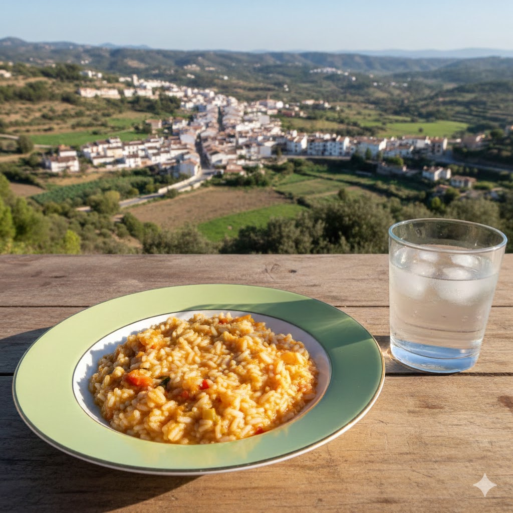 Paisaje de huerta mediterránea al atardecer, con bancales de verduras y casas blancas al fondo