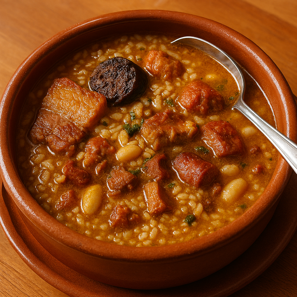Arroz montañés presentado en cazuela de barro sobre un mantel de cuadros, con cuchara de madera y pan rústico al lado
