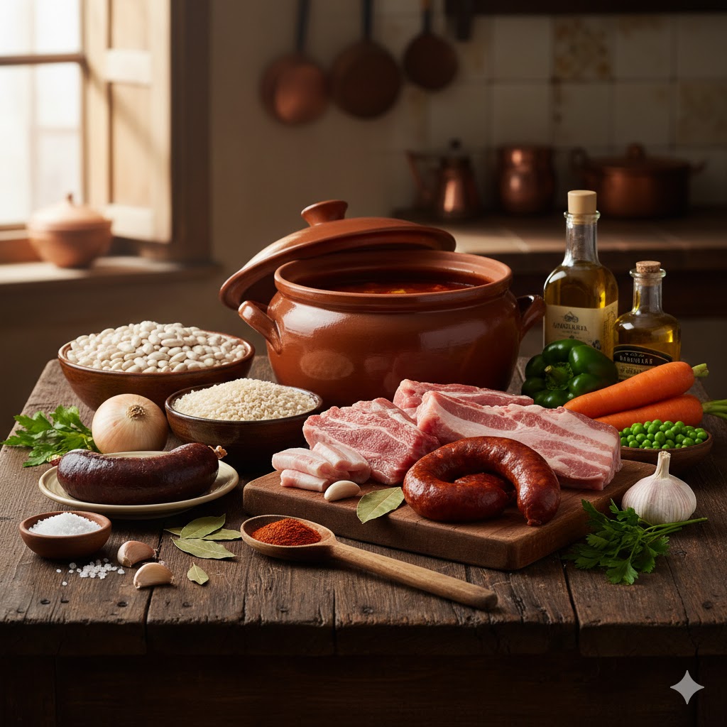 Ingredientes típicos del arroz montañés: alubias blancas, costilla de cerdo, morcilla, chorizo, tocino y verduras de temporada