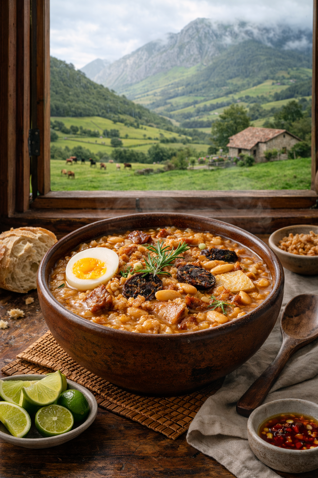 Paisaje típico de los valles cántabros en invierno, con montañas verdes, casas de piedra y humo saliendo de las chimeneas