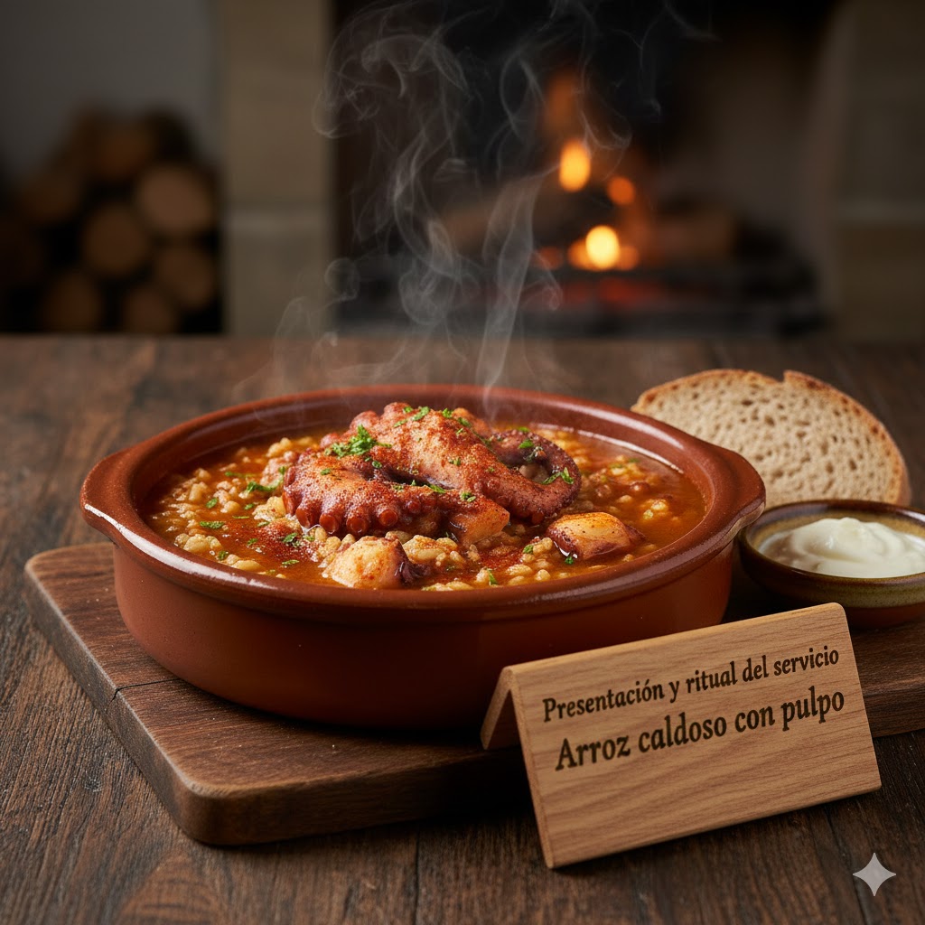 Arroz caldoso con pulpo servido en cazuela de barro individual con trozos de pulpo visibles
