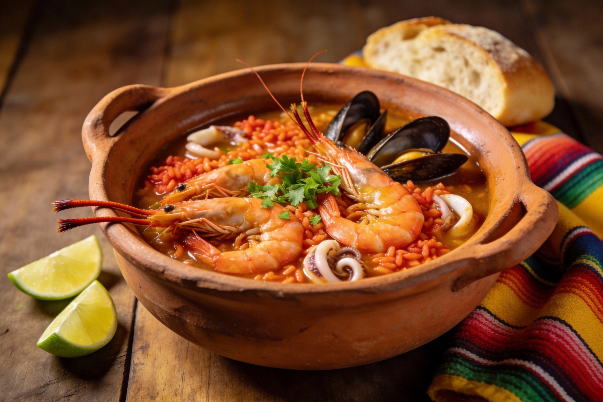 Asopao de Mariscos Caribeño servido en cazuela de barro con camarones y langostinos