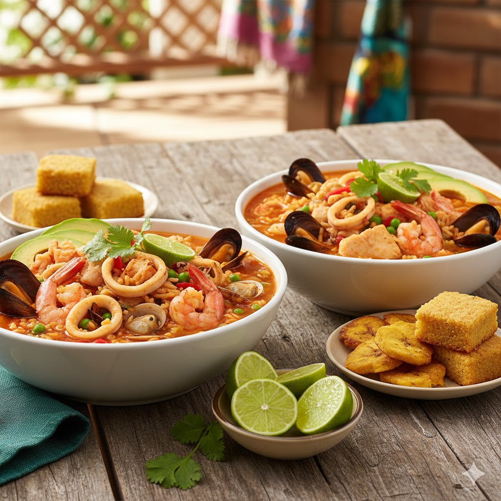 Asopao de Mariscos presentado con colores vibrantes y decoración fresca