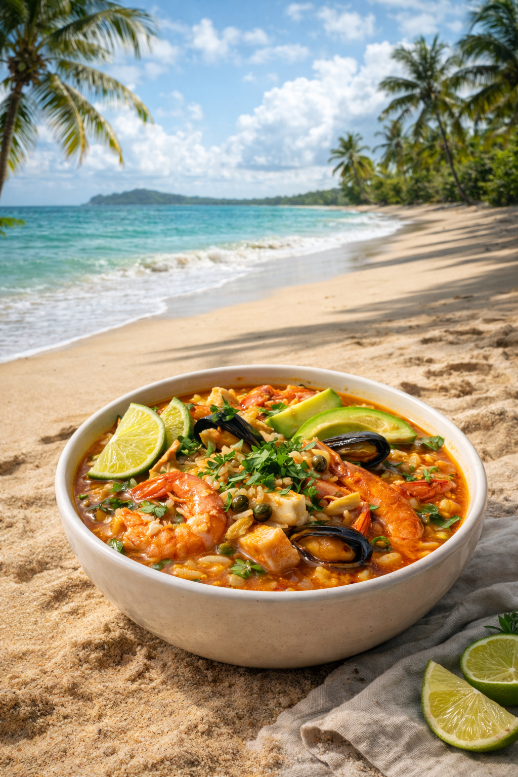 Asopao disfrutado en un entorno de playa caribeña