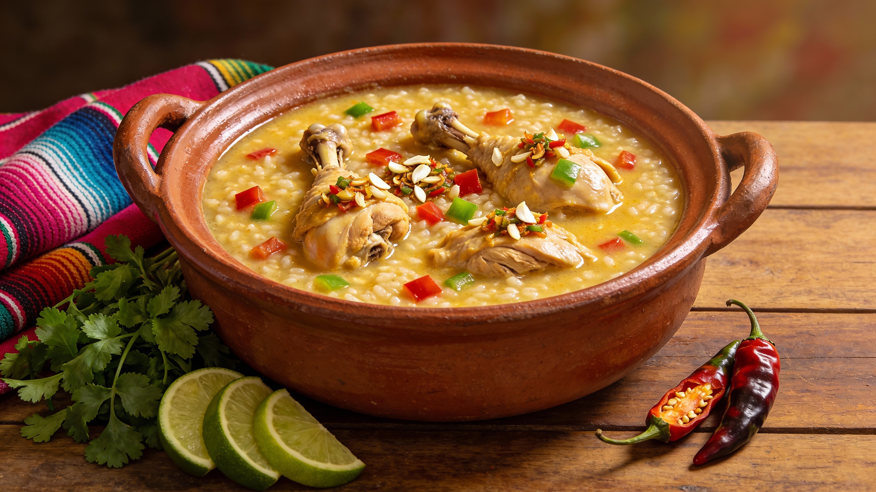 Asopao de Pollo Puertorriqueño en cazuela de barro con pollo tierno