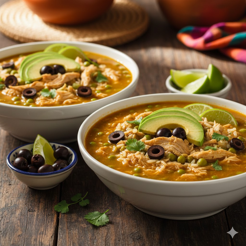 Asopao de Pollo presentado al estilo tradicional con aceitunas y aguacate