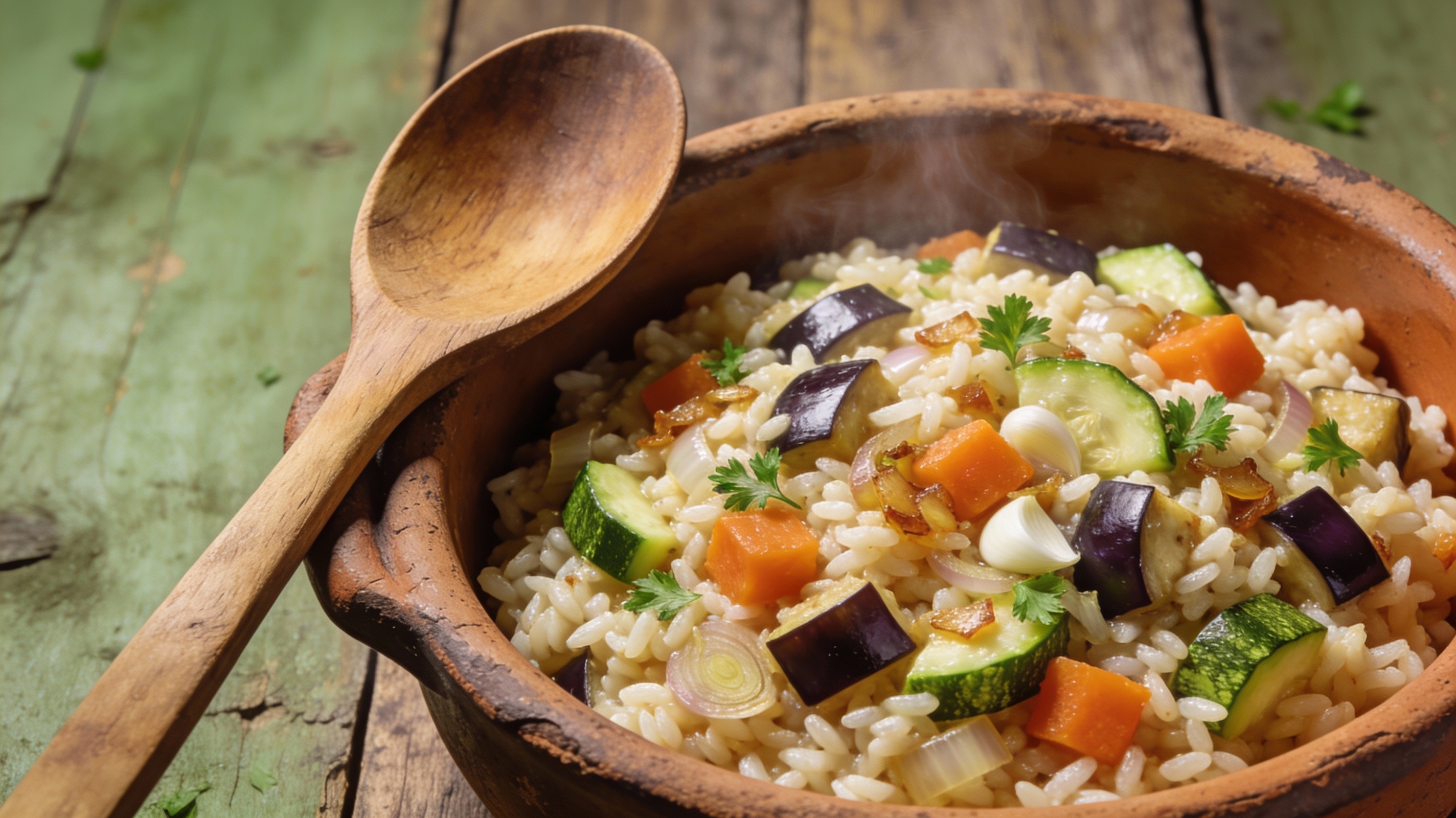 Arroz meloso de berenjena y calabacín servido en cazuela de barro con cuchara de madera