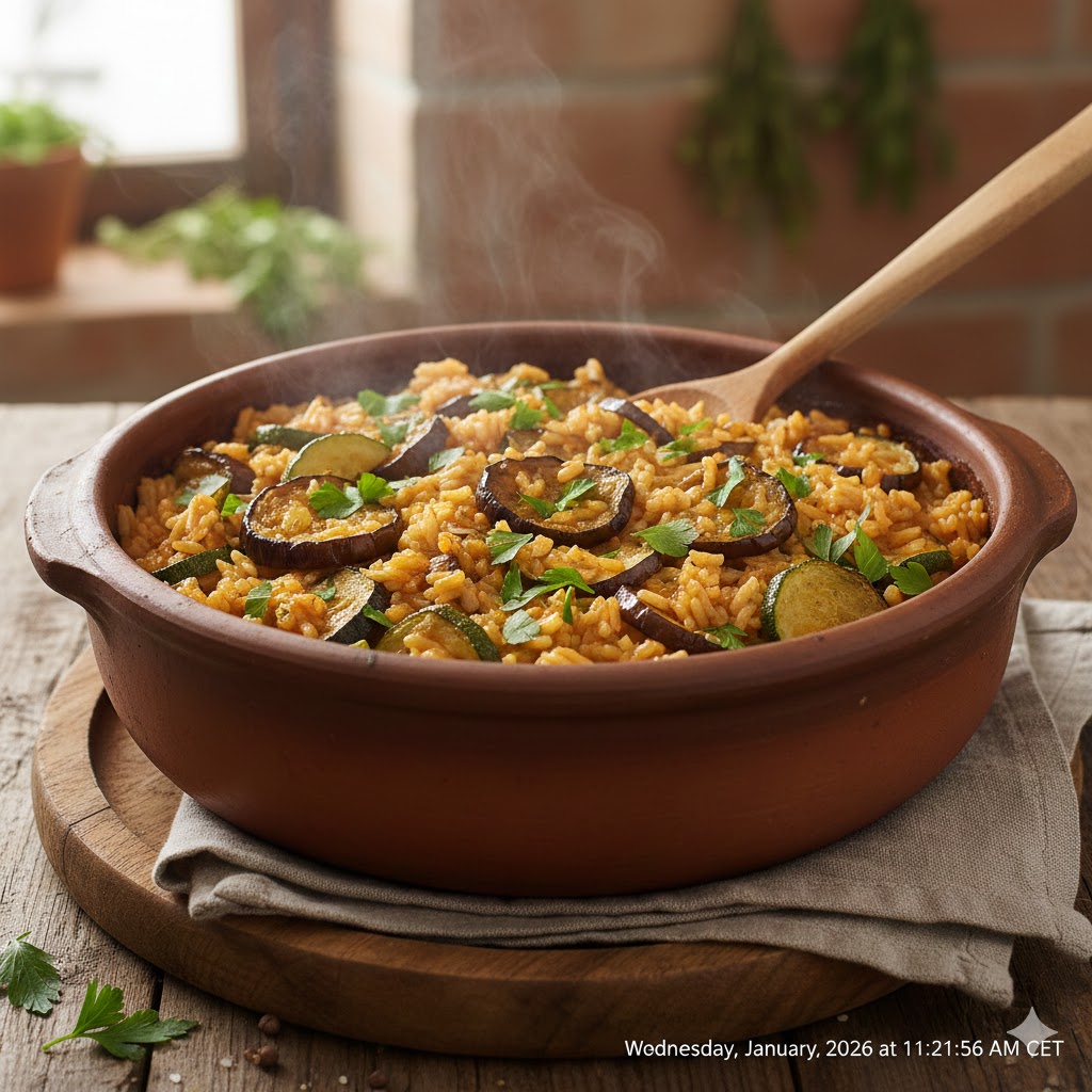 Arroz meloso de berenjena y calabacín servido directamente en la cazuela de barro, con perejil fresco por encima
