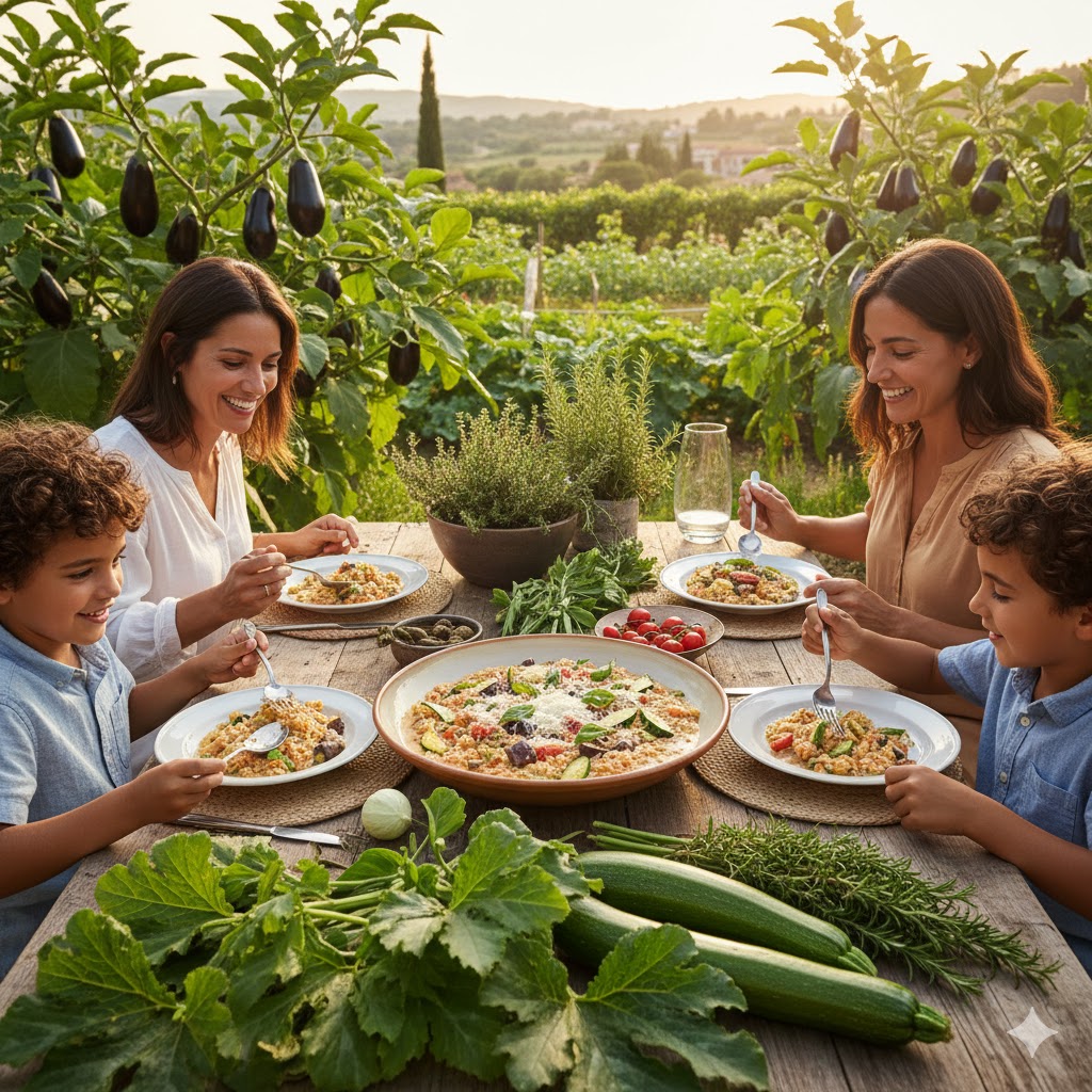 Huerta mediterránea con cultivos de berenjenas y calabacines al atardecer