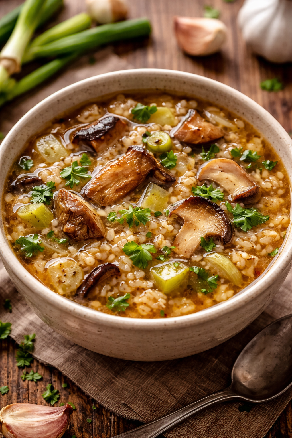 Arroz caldoso servido en cuenco individual con boletus y ajos tiernos visibles