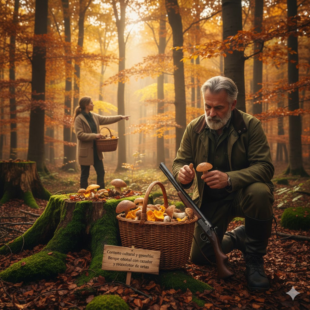 Bosque otoñal con cazador y recolector de setas