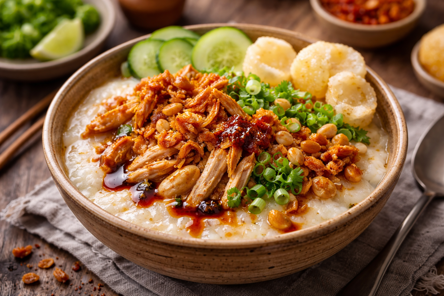 Bubur ayam indonesio servido en cuenco con pollo desmigado, chalota frita y salsa de soja dulce