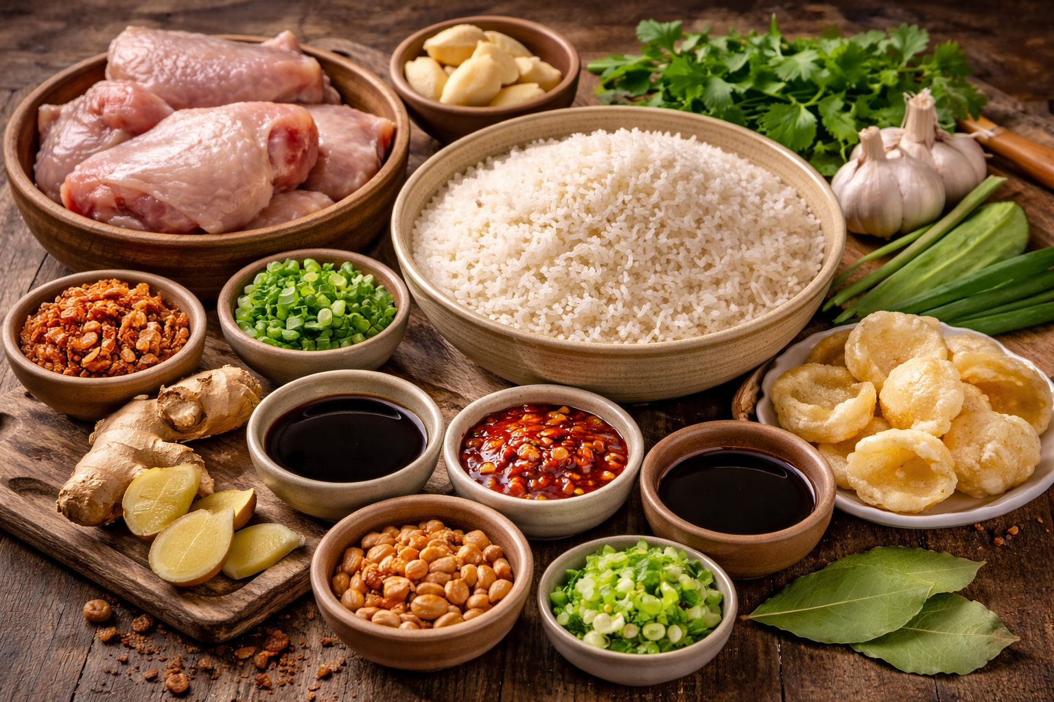 Ingredientes del bubur ayam: arroz, pollo, jengibre, ajo, toppings y salsas
