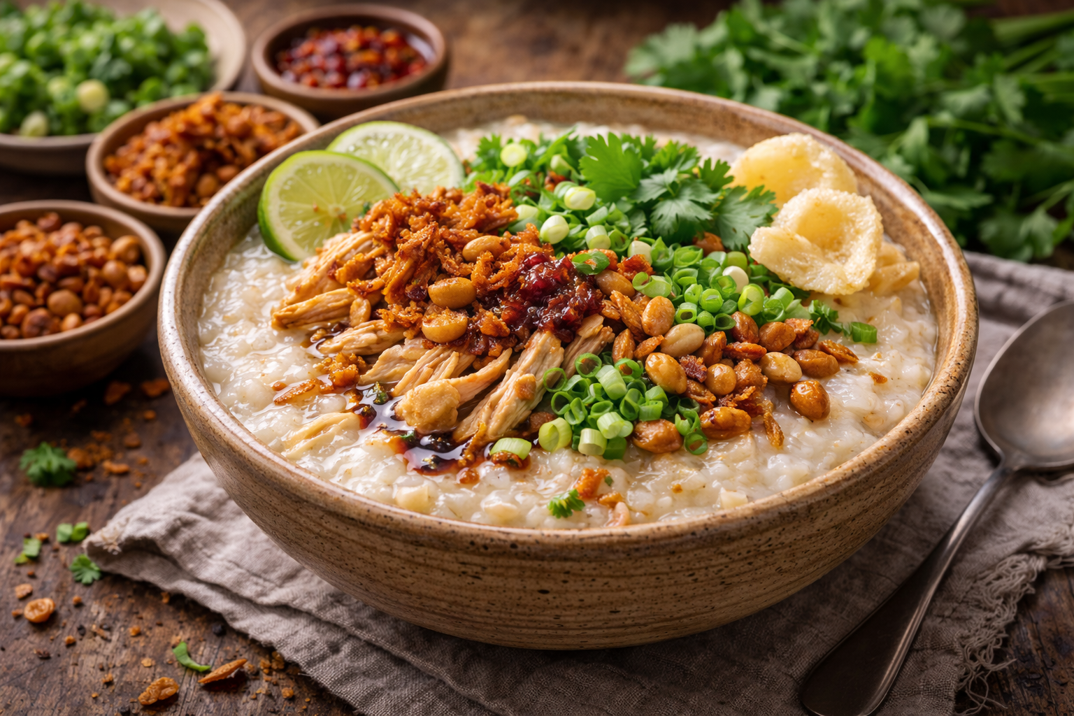 Bubur Lambuk malayo servido en cuenco, cremoso, especiado, con pollo desmigado y toppings crujientes