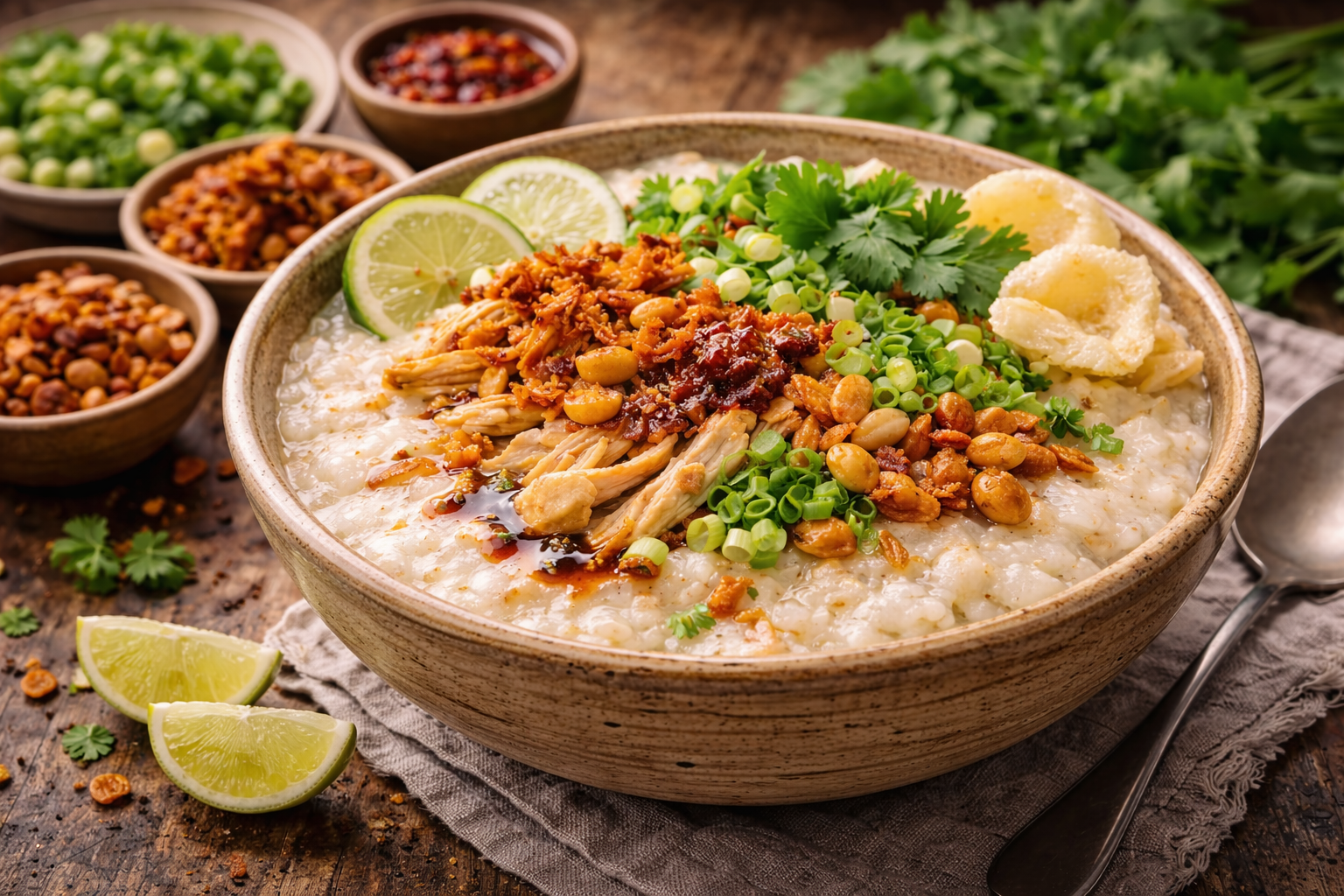 Bubur lambuk malayo servido con chalota frita, cebolleta, lima y toppings