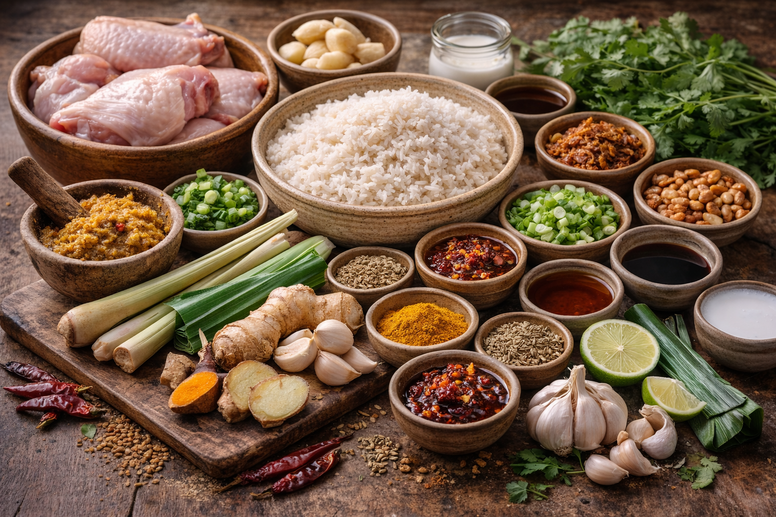 Ingredientes del Bubur Lambuk: arroz, pollo, especias, lemongrass, jengibre y toppings