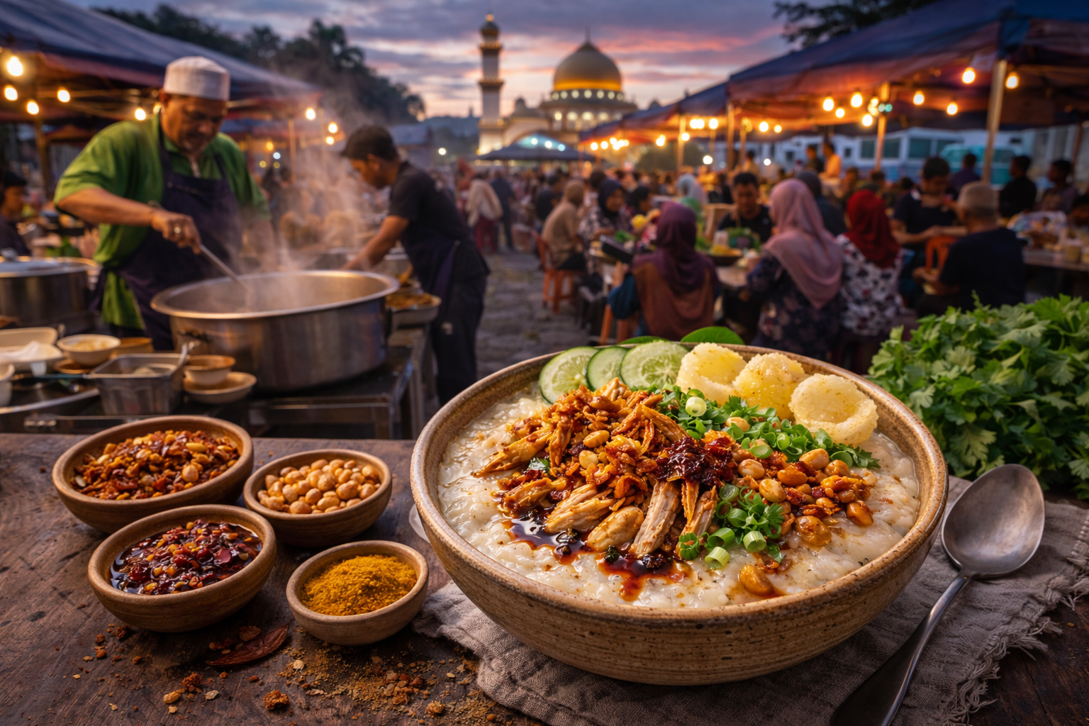 Bubur lambuk en un entorno malayo al atardecer, con ambiente de comunidad y cocina compartida