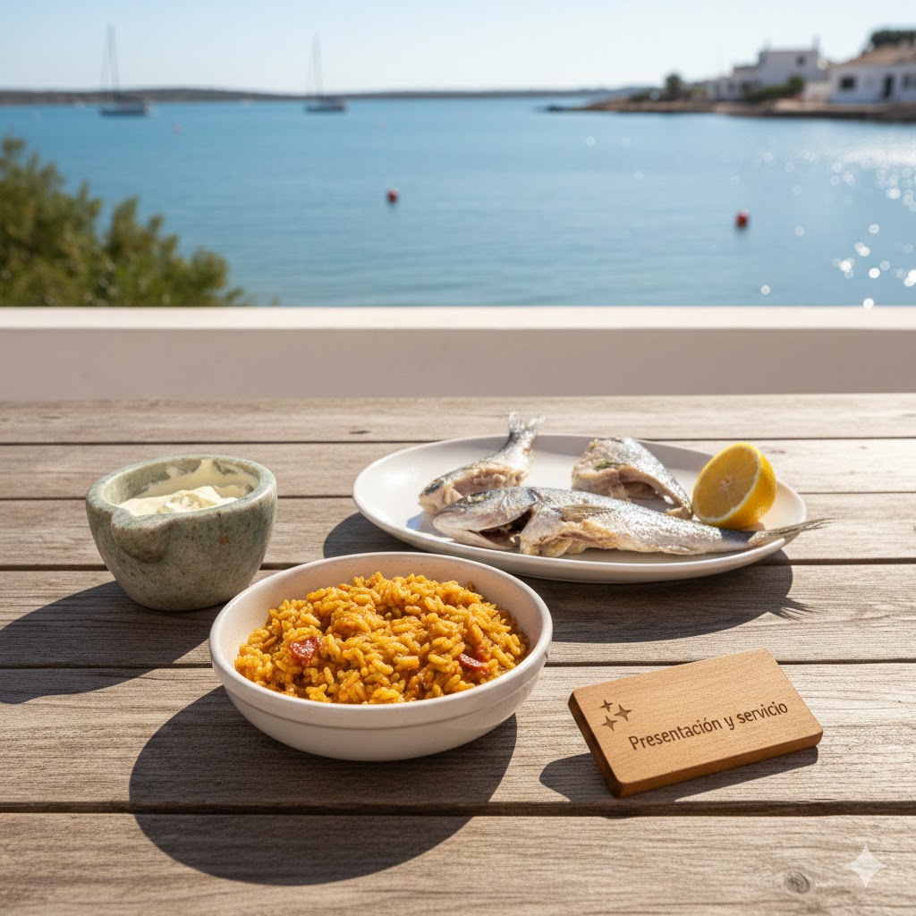 Caldero murciano servido: arroz meloso y pescado aparte con alioli