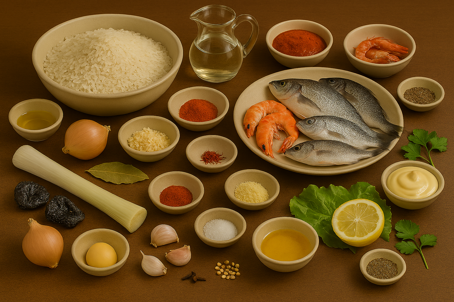 Ingredientes para caldero murciano: ñoras, ajo, tomate, arroz y pescado