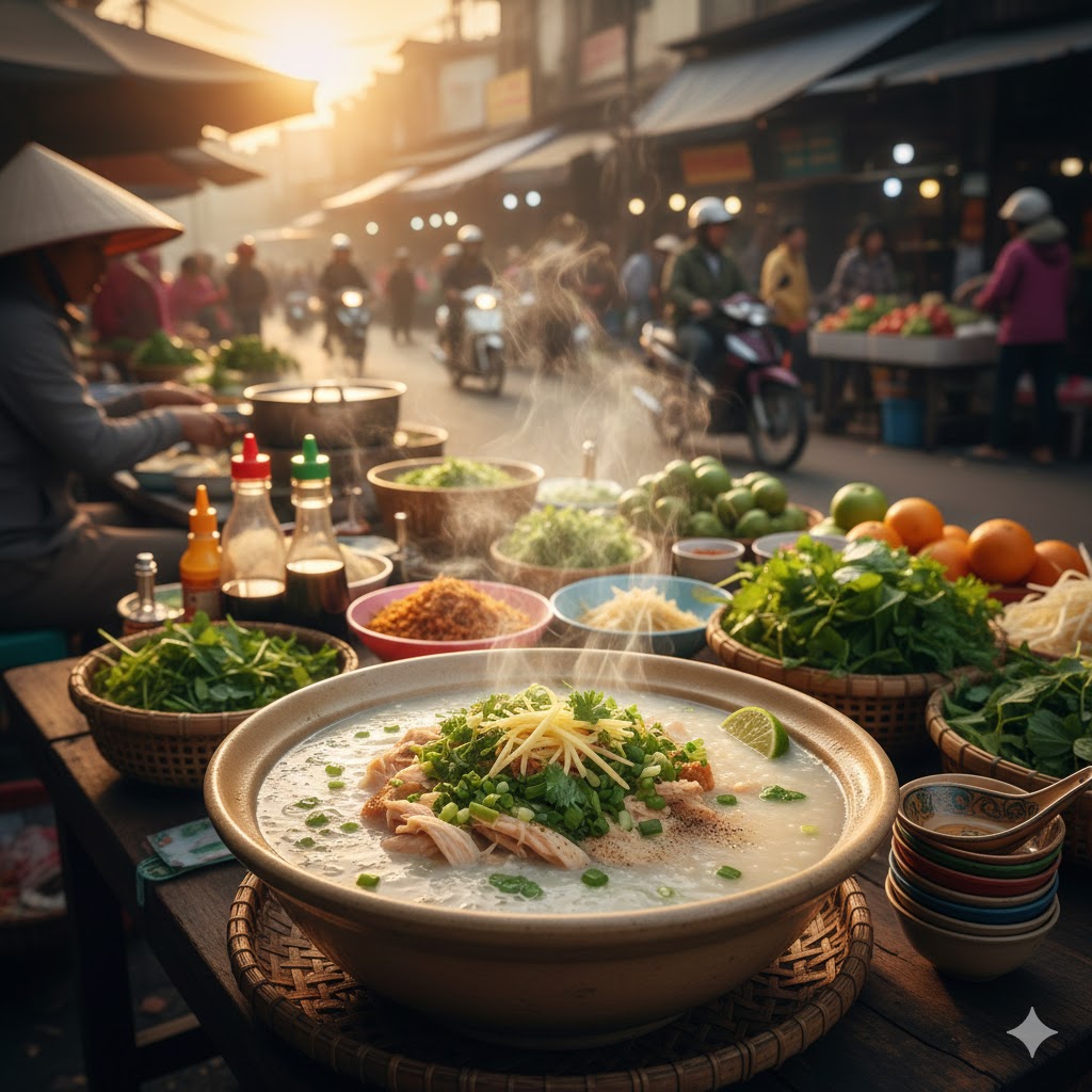 Cháo vietnamita en un entorno de mercado vietnamita al amanecer, con vapor y ambiente urbano