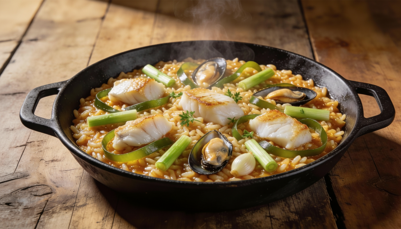 Arroz meloso de col, sepia y ajos tiernos