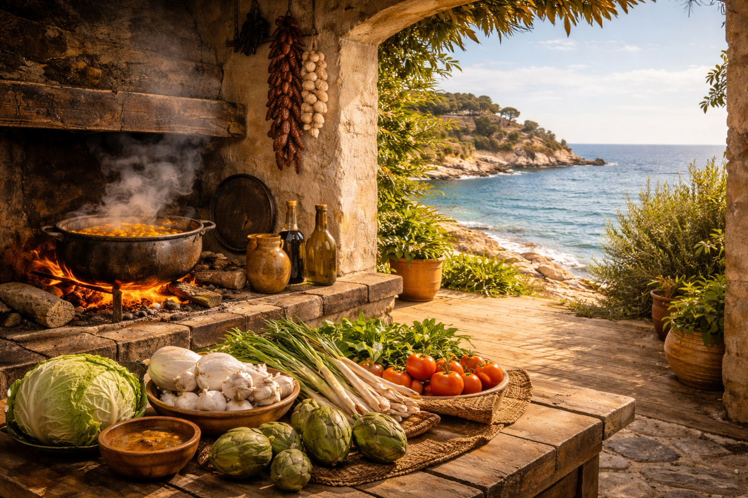 Ambiente mediterráneo asociado a un arroz de col, sepia y ajos tiernos