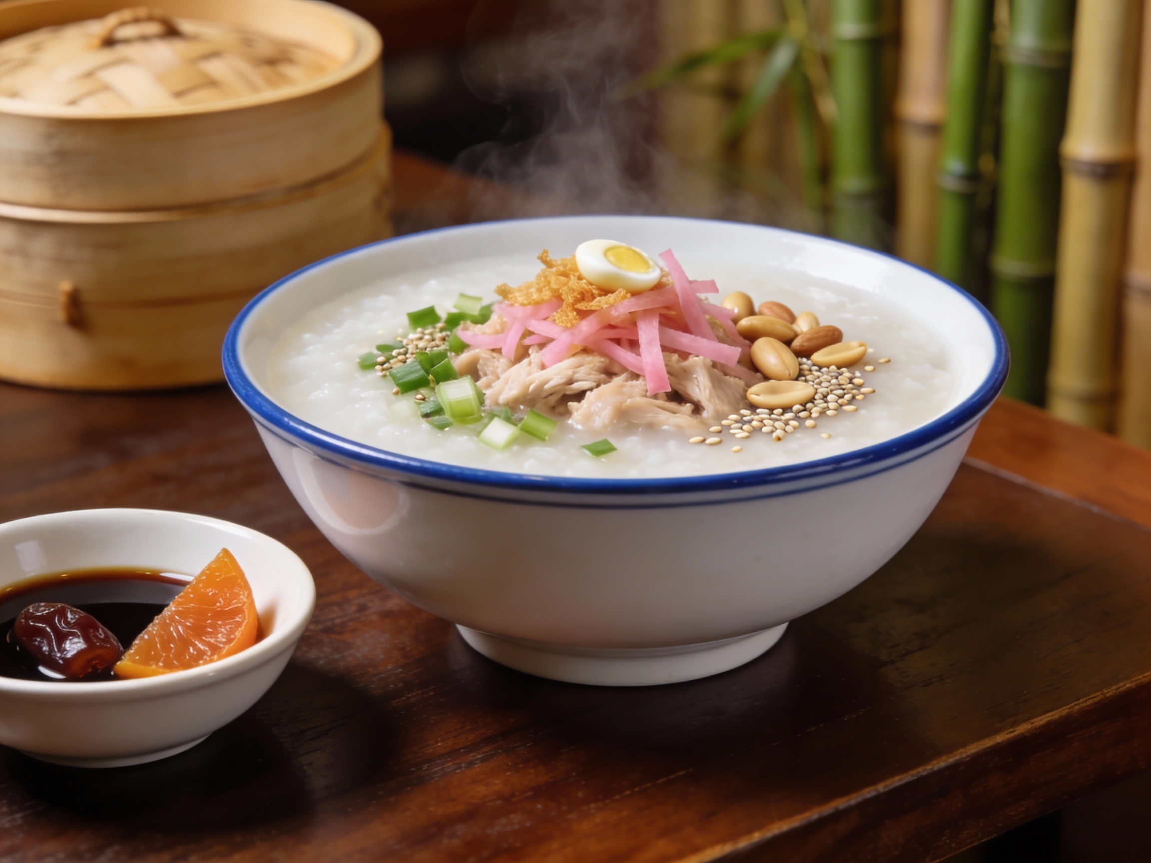 Congee chino servido en cuenco con jengibre, cebolleta y toppings tradicionales