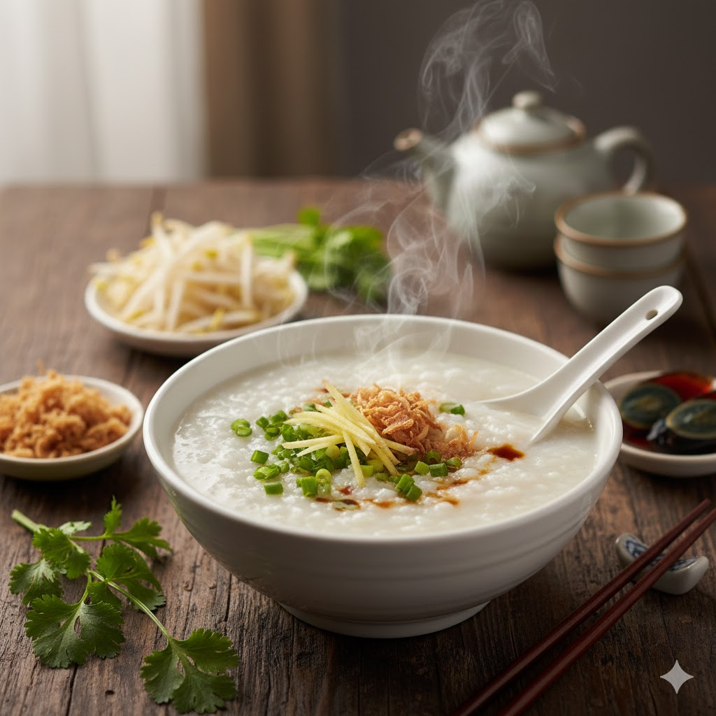 Congee chino servido con jengibre, cebolleta, soja y toppings en mesa