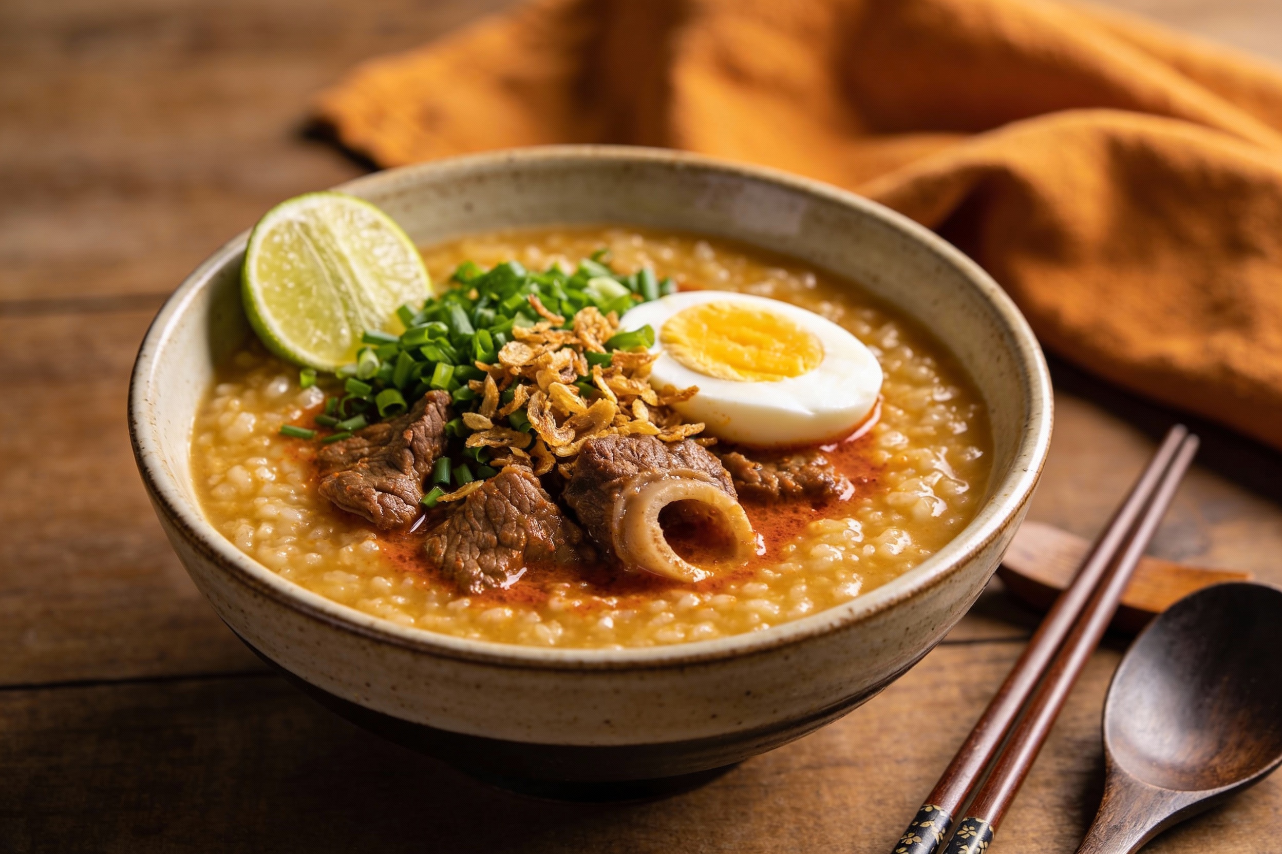 Goto filipino servido en cuenco con huevo duro, cebollino fresco y ajo frito crujiente