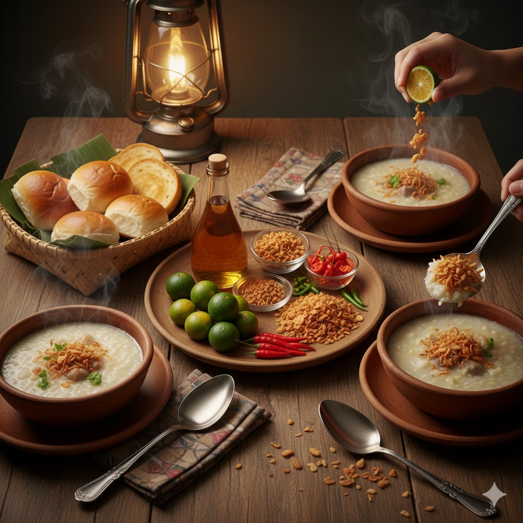 Goto filipino servido en cuenco de barro con todos los condimentos alrededor