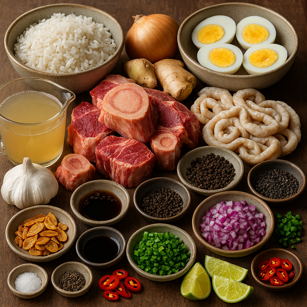 Ingredientes para goto filipino: arroz glutinoso, jengibre fresco, ajo, huesos de res y condimentos