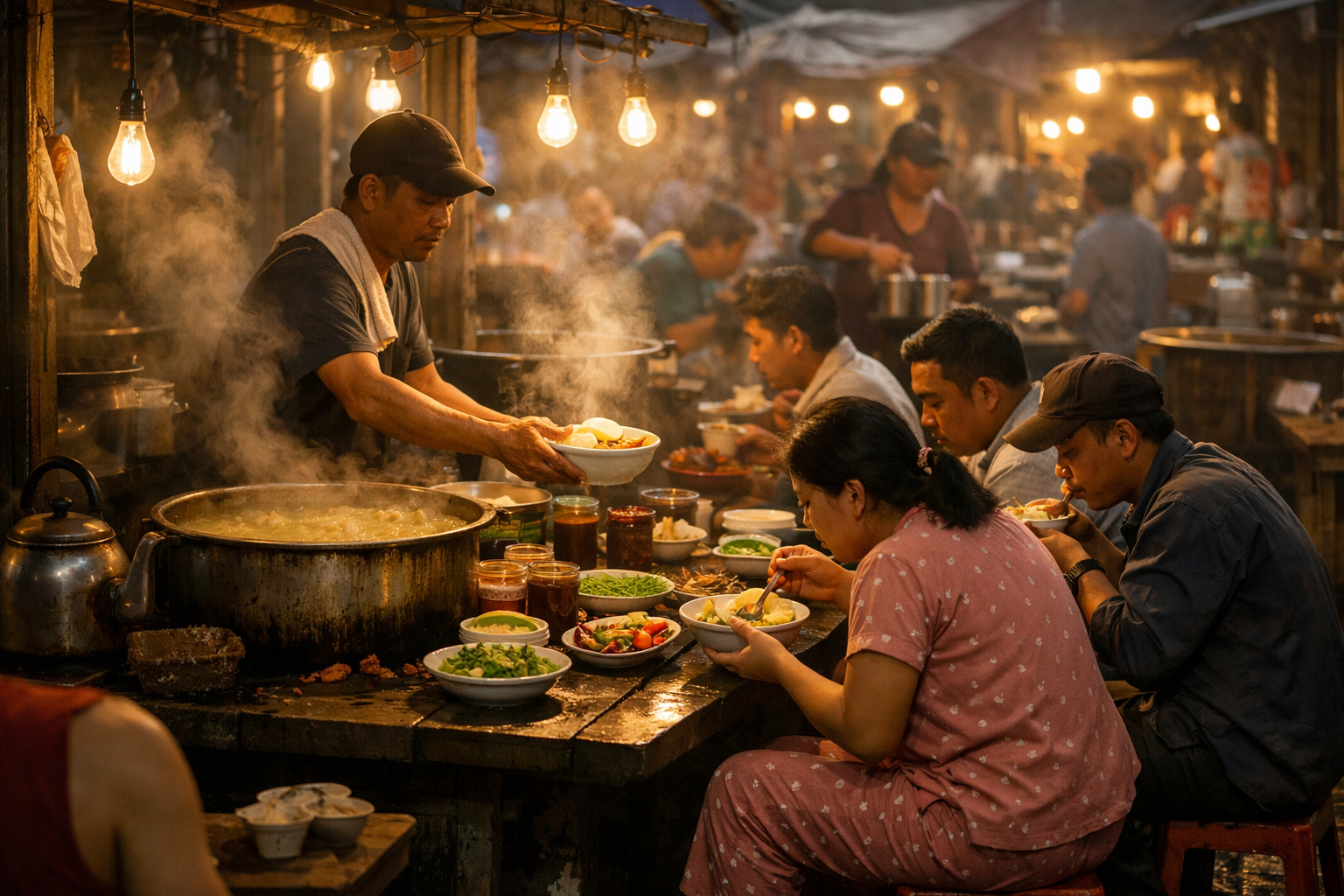 Puesto callejero de goto en Manila temprano por la mañana con clientes desayunando