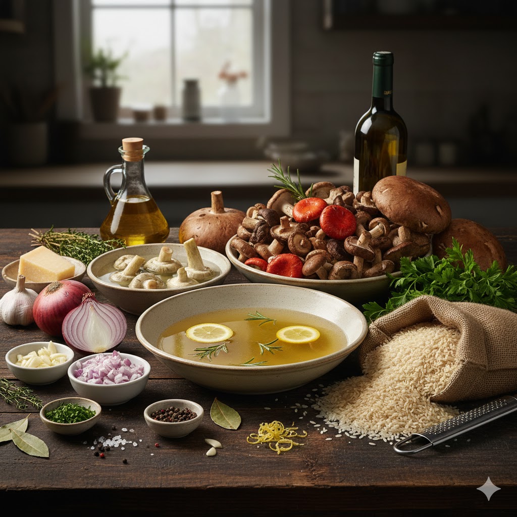 Ingredientes frescos: alcachofas, setas variadas, arroz bomba, hierbas aromáticas