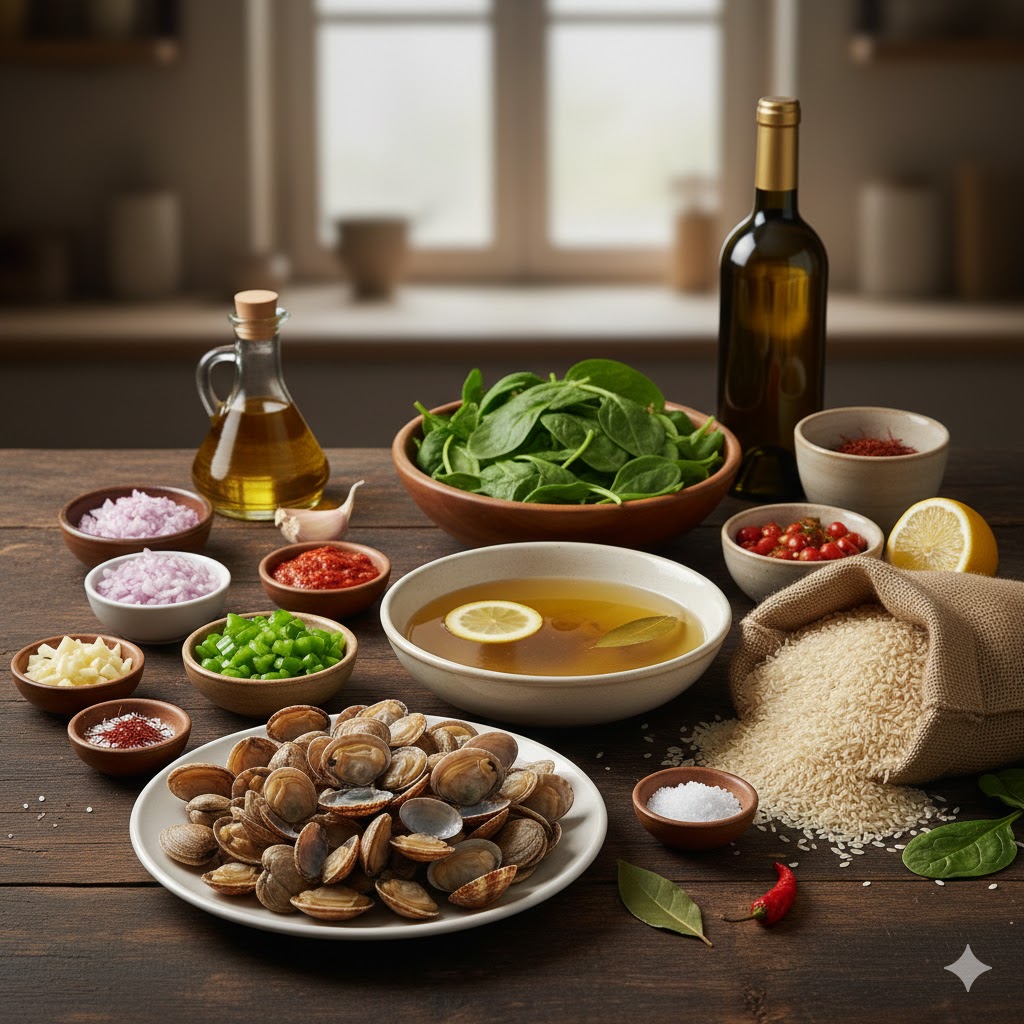 Ingredientes frescos: almejas vivas, espinacas baby, arroz bomba, limón y hierbas