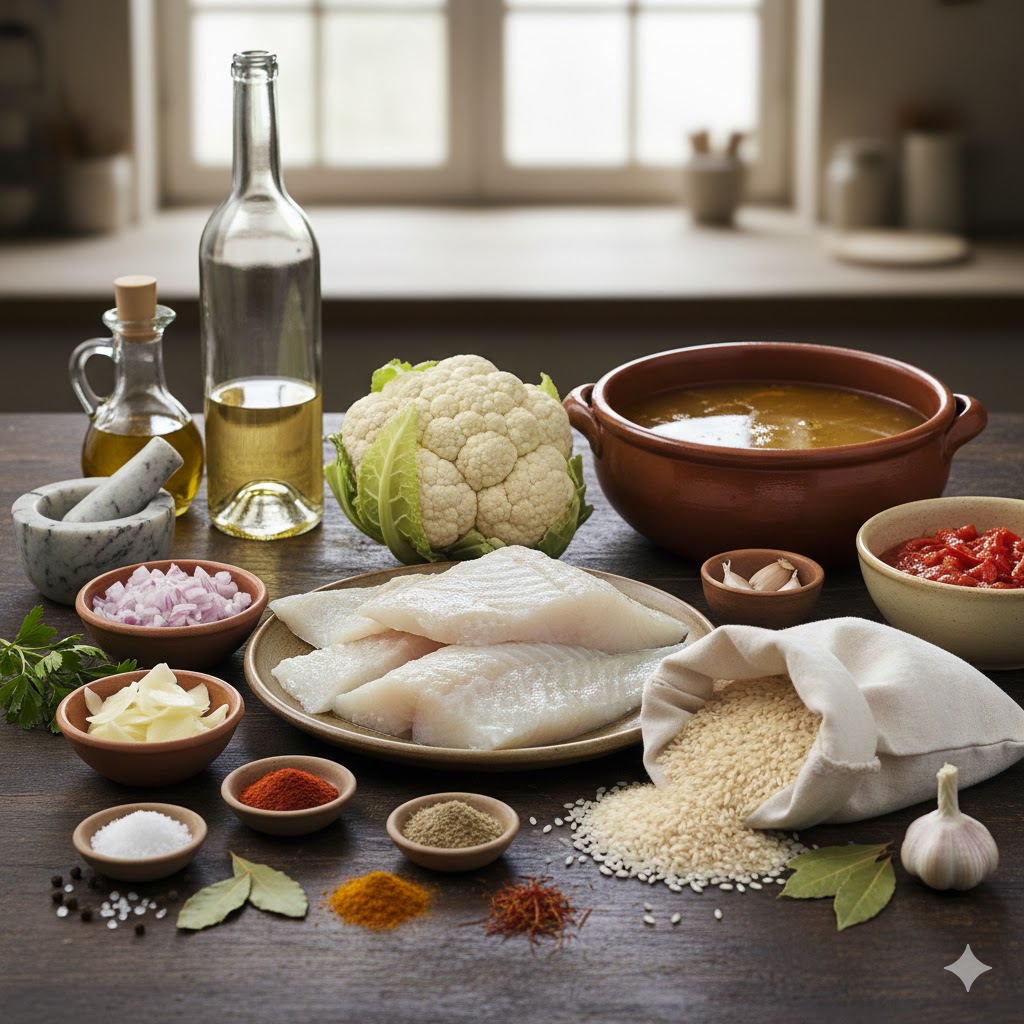 Ingredientes: bacalao desalado, coliflor fresca, arroz, pimentón y hierbas