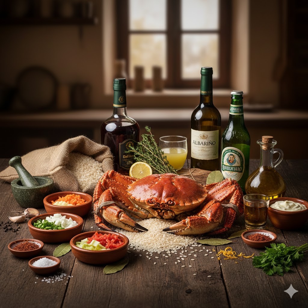 Buey de mar vivo, arroz, verduras y especias para el arroz meloso