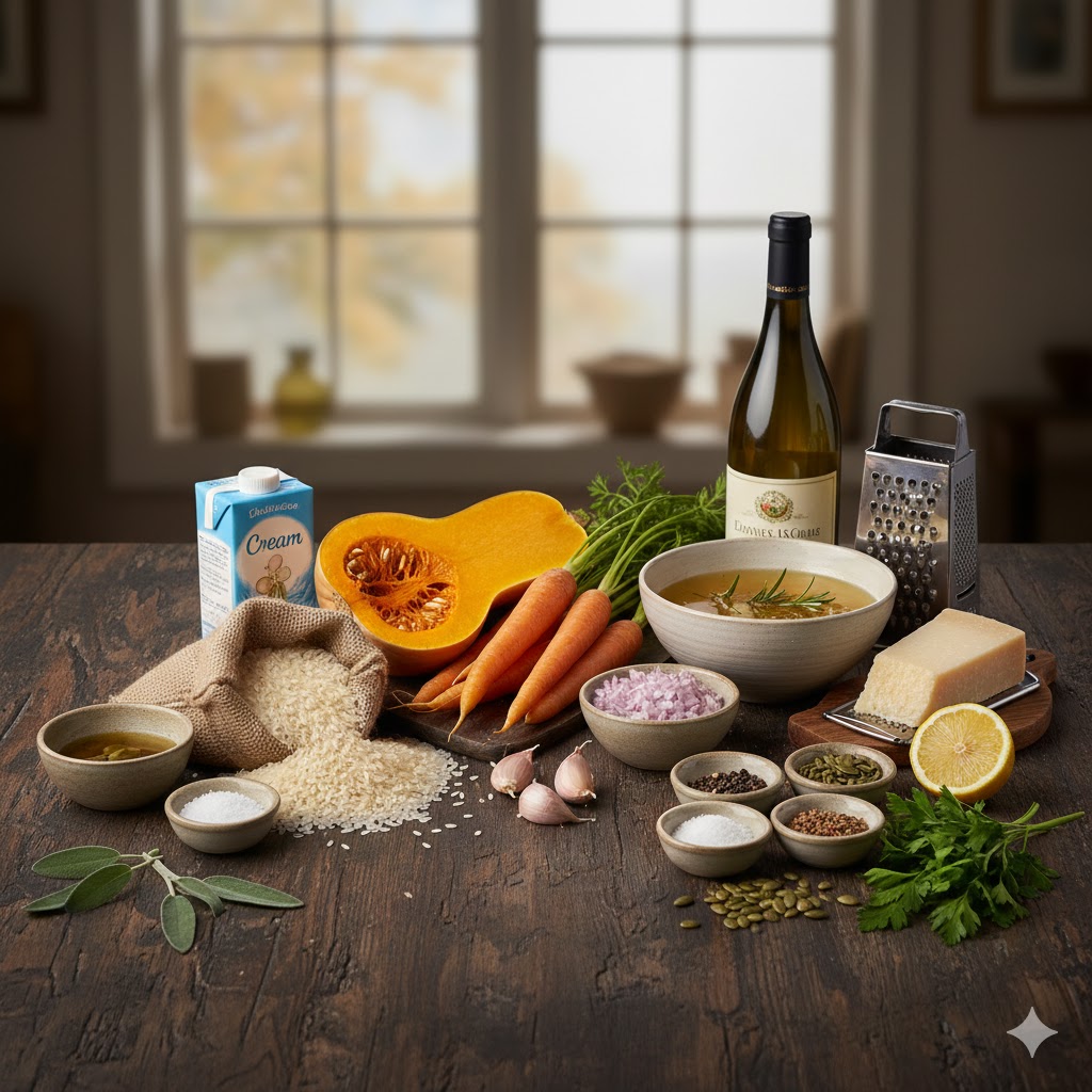 Ingredientes coloridos: calabaza butternut, zanahorias, arroz, especias otoñales