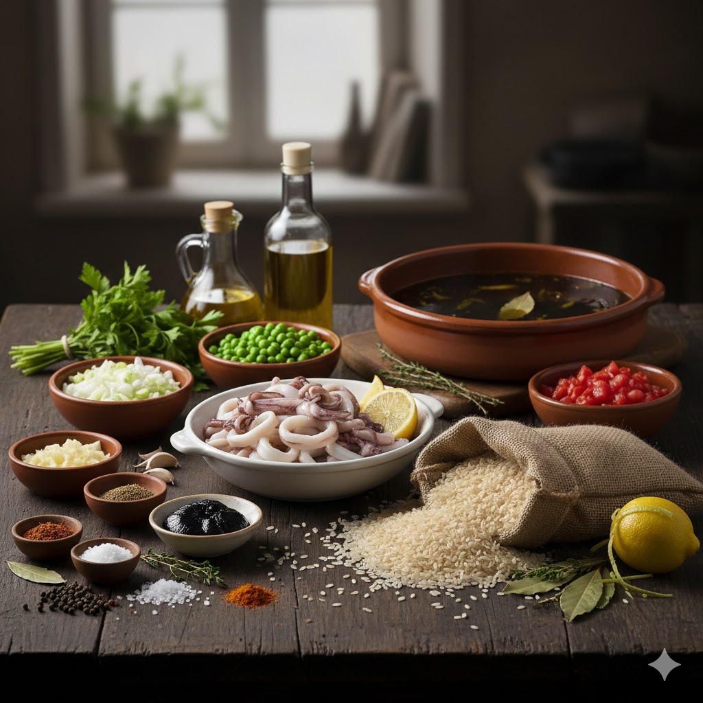 Ingredientes frescos: calamares limpios, guisantes, arroz, limón y hierbas