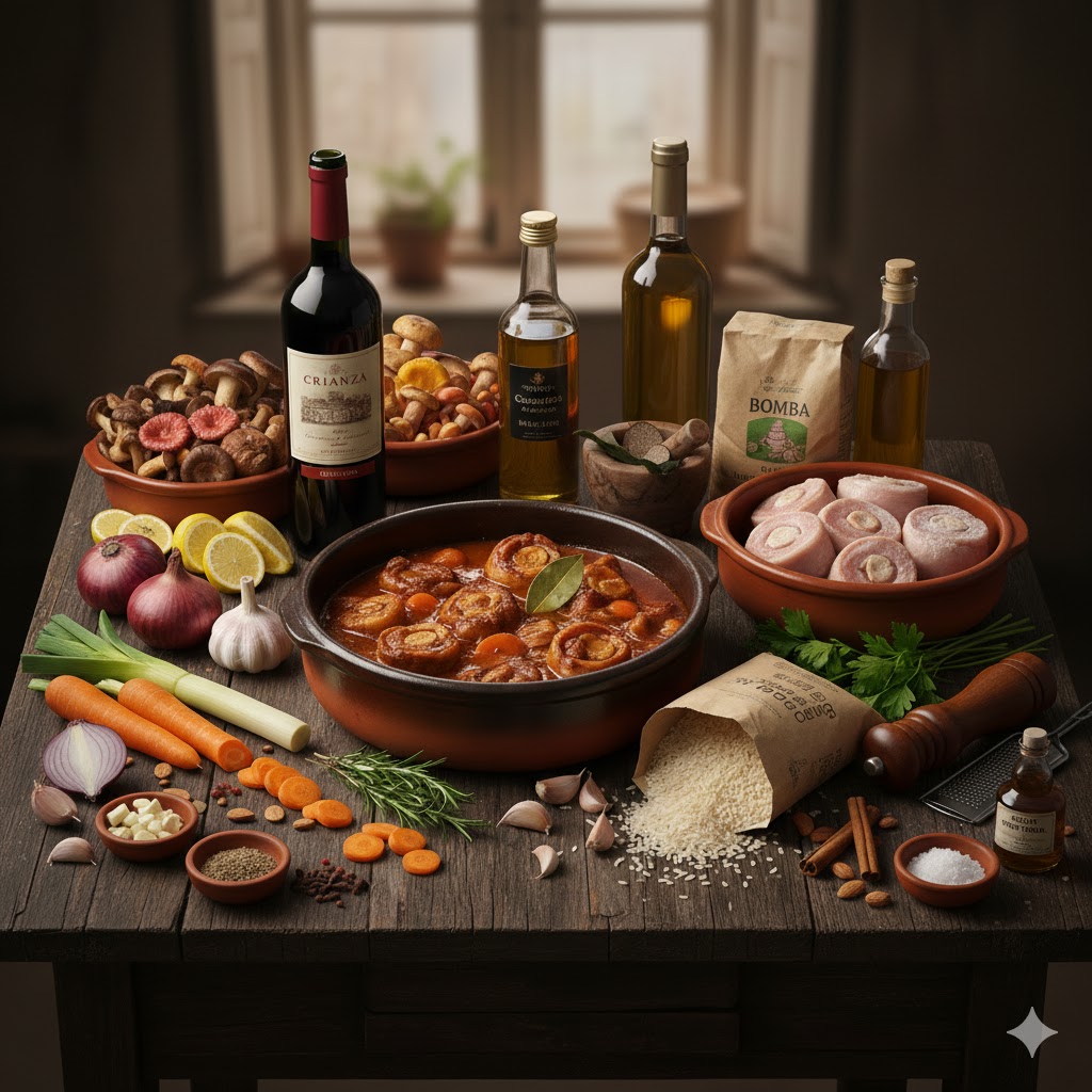 Ingredientes otoñales: carrilleras de cerdo, setas variadas, arroz, vino tinto