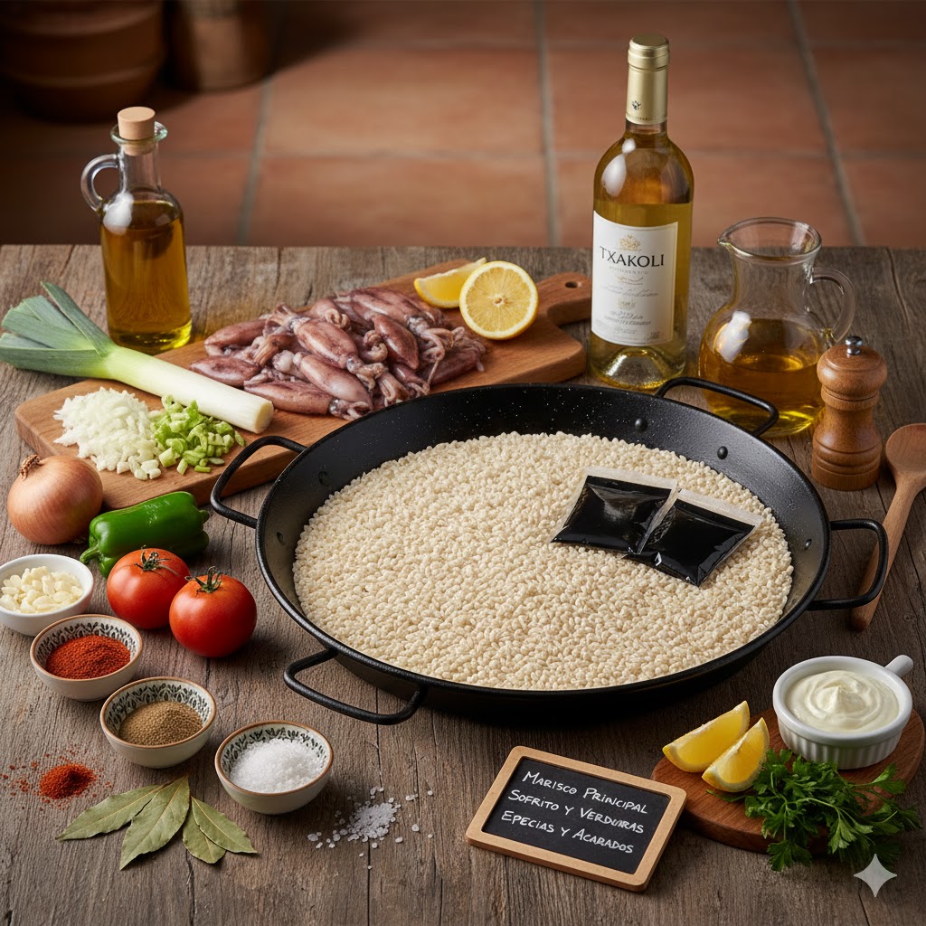 Ingredientes: chipirones pequeños, tinta de calamar, arroz, verduras